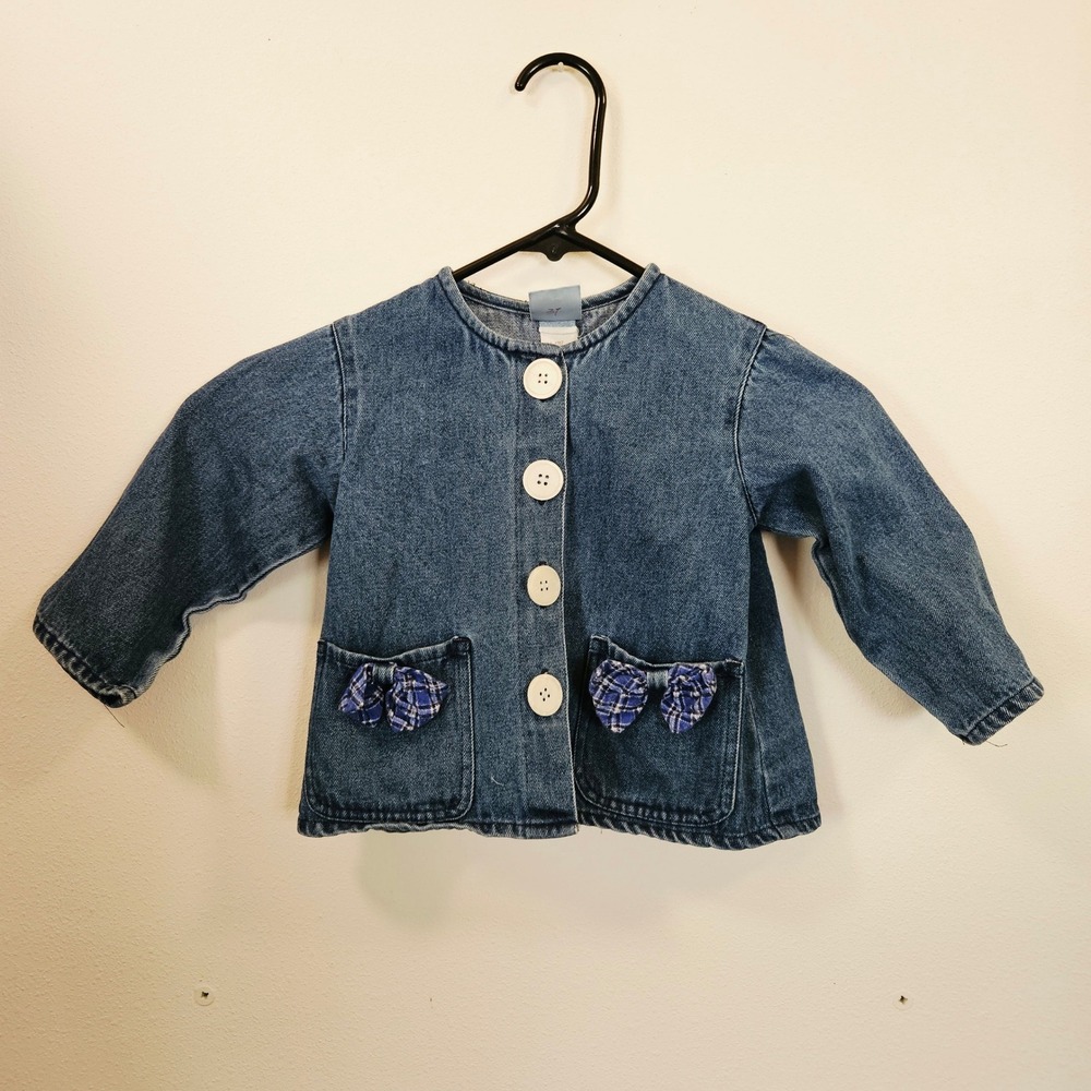 Vintage Sweet Potatoes Girls Denim Jacket 3T Blue Plaid Bows Made in USA